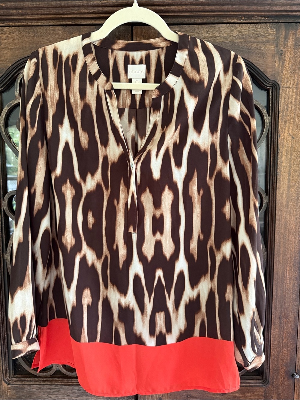 Chico's Brown, Cream & Red Abstract-Striped V-Neck Blouse